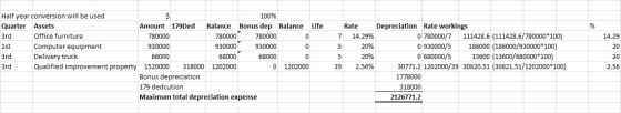 % Half year conversion will be used $ 100% Quarter Assets Amount 179Ded Balance Bonus dep Balance Life 3rd Office furniture 7