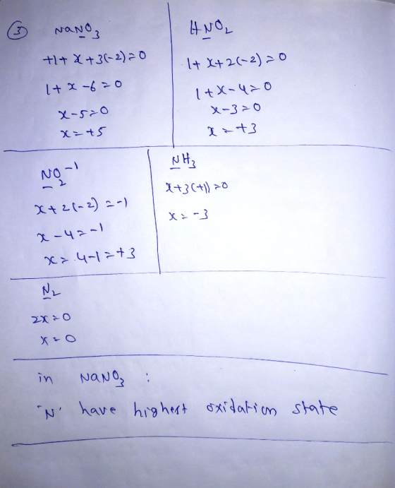 HNO, NANO ++&+31-2)=0 Itx-620 x-520 x=+5 1+ X+2(-2)=0 1+X-420 2-320 x=+3 NH3 X+3(+1) 20 x=-3 NO- X+2(-2) = -1 x-4201 x=.4-1=+