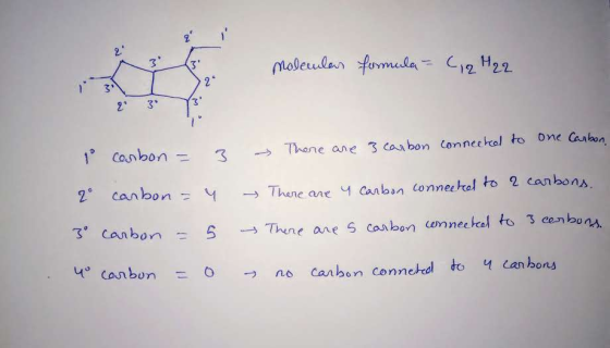 molecular formula - ( 12 H₂2 1 combon = 3 2° carbon = 4 3 carbon = 5 Yo carbon = - There are 3 carbon connected to one carbon