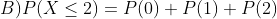 BP(X<2) = P(0) + P(1) + P(2)