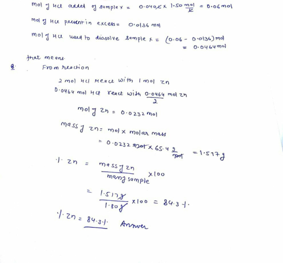 mol of nice added of samplex = 0.04% X 1.Som loso mene = 0.06 mol O036 mol mol of He present in excess= mol of Hu used to di