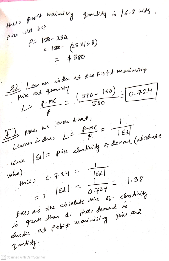 e Learner enden at the pio fit marimising Now, we know that, maimising quantity is 16.8 mits, the prost maimi puce will be p