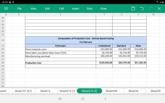 18:50 PO = File view Edit Cell Insert Data Draw 5 ¿ X | Q R S T U V W 36 37 38 39 Computation of Production Cost - Activity B