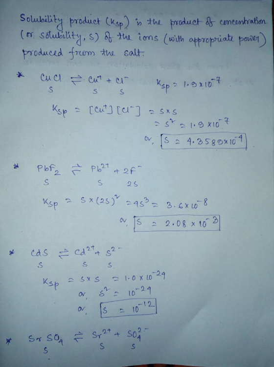Solubility product (Ksp) is the product of concentration (or solubility, s) of the ions (with appropriate power) produced fro