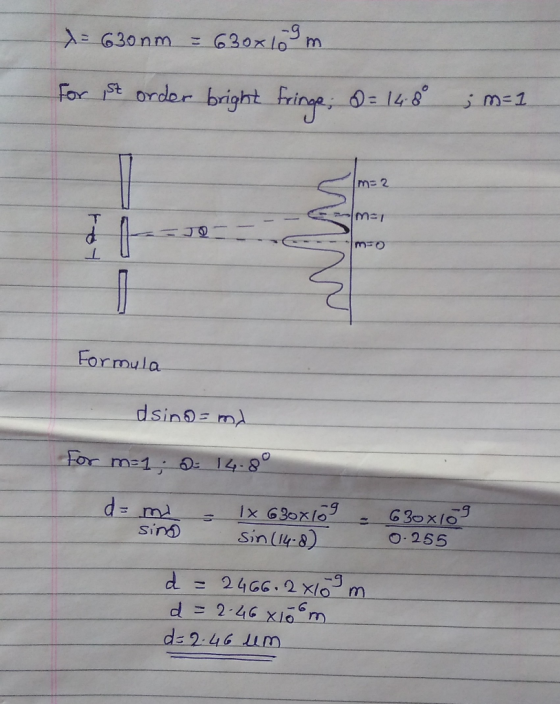 x = 630nm = 630x10 m For st order bright fringe; D = 148 ; m= 1. m=2 MST m=0 Formula dsind= my For m=1; 2: 14.8° d = m sino =