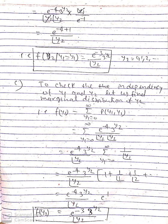 2 f(0214=4 = 3 Y 2 = 0,1; 2; - - 192 To check the the independency of u and y2 let us fin marginal dishibution of je f(42) [