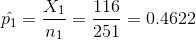 \hat{p_1}=\frac{X_1}{n_1}=\frac{116}{251}=0.4622