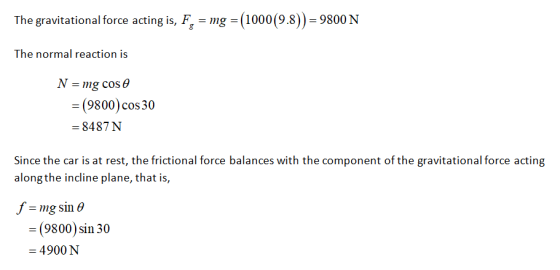 The gravitational force acting is, F, = mg = (1000(9.8)) = 9800 N The normal reaction is N = mg cose =(9800) cos 30 = 8487 N