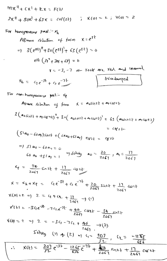 mx + (x! + Kx - FCH . 3x + 30K! +63x = cos(21) X(0)2VCO) = 2 X=ert For homogeneay part :- Xh Assame roluton of form =) 3(ert