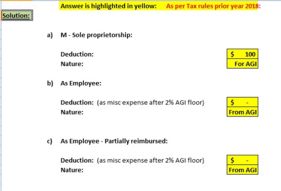 Answer is highlighted in yellow: As per Tax rules prior year 2018: Solution: M- Sole proprietorship: a) $ 100 Deduction: Natu