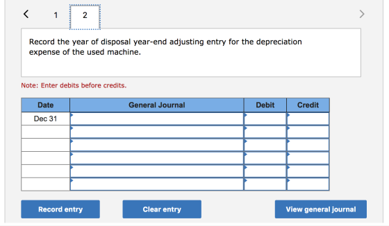Record the year of disposal year-end adjusting entry for the depreciation expense of the used machine. Note: Enter debits bef