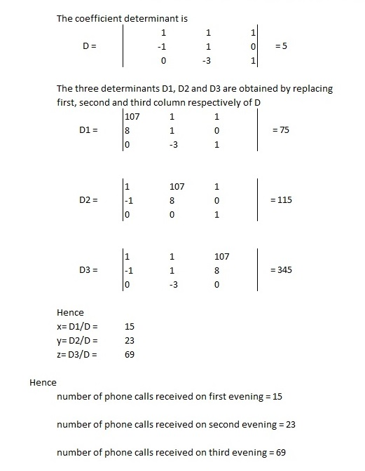 The coefficient determinant is D= The three determinants D1, D2 and D3 are obtained by replacing first, second and third colu