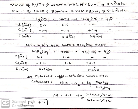 na no mmol of H₂PO4 20mm = 0.02 mx20ml Dovrole mmol of No on 30mm = 0.03m x 20ml 0.6 mole Heloy + NaOH - Nath Pay & H2O I mol