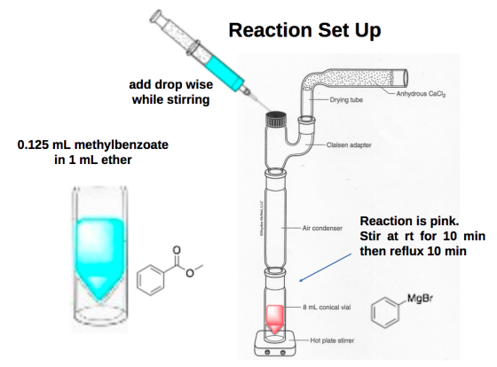 Reaction Set Up add drop wise while stirring -Anhydrous CaCl2 -Drying tube Claisen adapter 0.125 mL methylbenzoate in 1 mL et