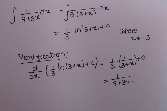 Stare che = f* (3+2) de = $ In /3+2/+c where UZ-3. Verification: de la 1n(3+2)+C) = 5 letalto = 9+32