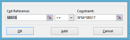 Cell Reference: $B$15 Constraint: F$6*$B$17 * < Add D OK Cancel