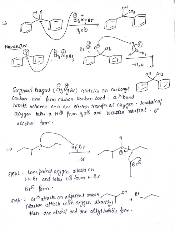 OH Mechaniam ang m967 -H₂O J on cro Goignard Reagent (chy Mg Br) attacks on Carbonyl L carbon and fom carbon-carbon bond. a P