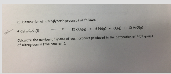 2. Detonation of nitroglycerin proceeds as follows: 4 C3H5O9N3(1) - 12 CO2(g) + 6 N2(g) + O2(g) + 10 H2O(g) Calculate the num