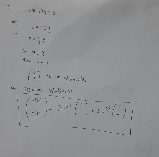 = ) -21+34 =0 =) 2x=34 T 1= 2 y Let y=2 Then X = 3 . (3) is an eigenuertes, fon Cenesal solution in alt) - A et YCH + B 42 2