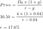 Do X (1+g) Price = r-9 4x (1 + 0.04) 30.50 =- r -0.04 T = 17.6%