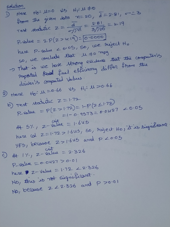 solution Here Ho U=0 vs Hill to from the given data n=20, d=2.81, 0=3 Test statutic z= dm = 2.8 1 = 1.19 P-value = 2p(27.4.19