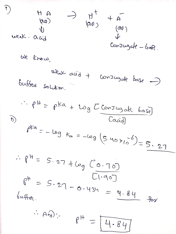 HA - HT TÁ lao) ad ) (ap) weak. acid Conjugale-base. we know, .. weak and t buffer solution. conscasate base » ..pH = pka + r