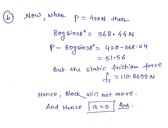 Noo when b P- 420 N hen Qin28 Begeinn P-8ogsin 28 368. 44 N 420-368.uy = 51.56 But the stahc frichou force Hence, Block wi