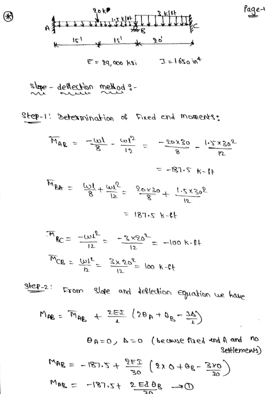 [aqe- Is Eะ 29,000 ksi slpe - dedecon mekod o- Step-1. delexmination of Fxed end momens- 12 M. 1e !87.5 k-ft Ster2: From lc