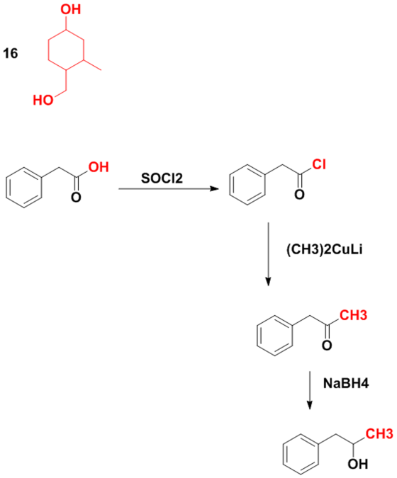 он 16 HO он CI SOC12 (CH3)2CuLi CH3 NaBH4 CH3 он