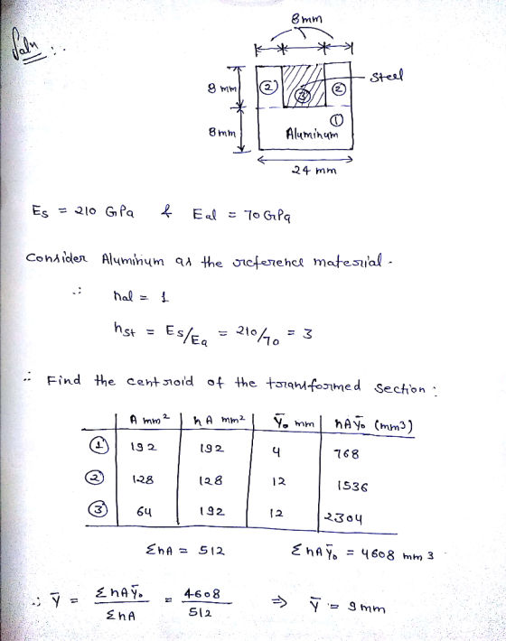 8mm - Steel 8 mm 1 8 mm Aluminum 24 mm Es = 210 G Pa ļ Eal = 70 Gpa Consider Aluminium as the reference material - hal = 1 hs