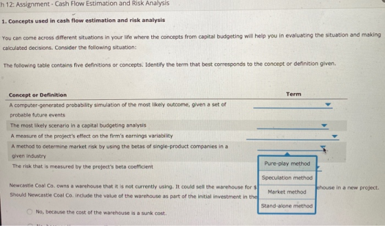 Ch 12: Assignment - Cash Flow Estimation and Risk Analysis 1. Concepts used in cash flow estimation and risk analysis You can
