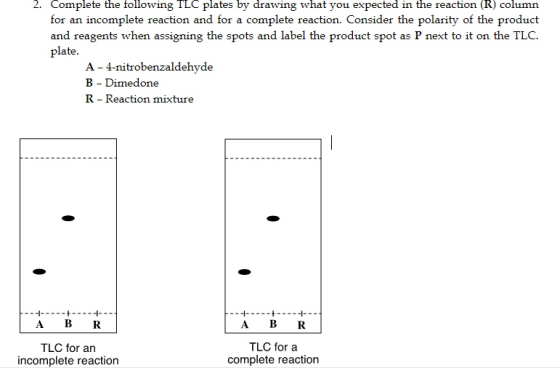 2. Complete the following TLC plates by drawing what you expected in the reaction (R) column for an incomplete reaction and f