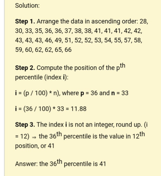 Solution: Step 1. Arrange the data in ascending order: 28, 30, 33, 35, 36, 36, 37, 38, 38, 41, 41, 41, 42, 42, 43, 43, 43, 46
