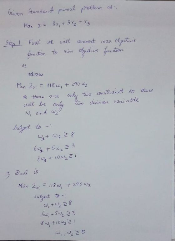 Criven Standard primal problem as- Max 2 = 8 + 3 x 2 + X3 conwert max Step I Fiorst we will function to min objective objecti