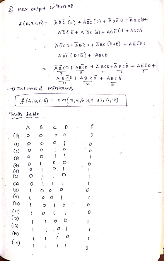 BO 3) mux output written as f(A, B,C,D)= ĀBC.CO) +ĀEC (0) + ĀBEDRĀB COIF ABC BLA BC (0) + ABC (11 +ABCD - ĀBCD+ ĀBCD +ĀBC (D+
