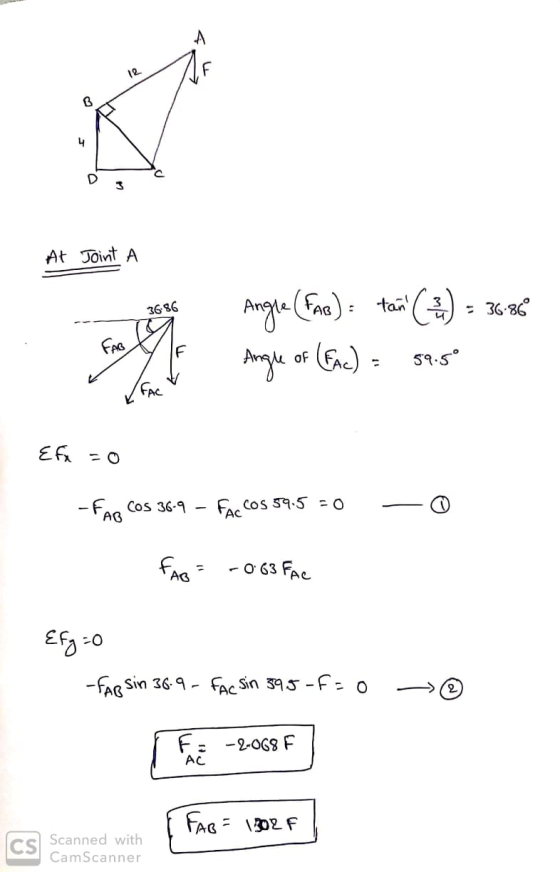 At Joint A Angle (Far): taw (3) = 36.98 Angle of (EAC) = 59.50 Efx=0 -Fan Cos 36-9 – FacCos 59.5 = 0 - 0 FAB= -0.63 FAC £5 -0