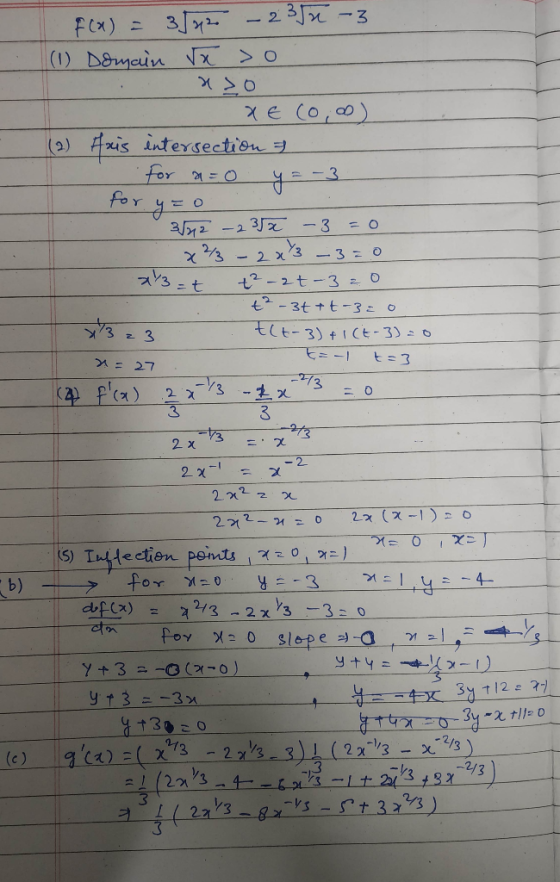 I F(x) = 3522 - 2352-3 (1) Domain x xo i uso XE (0,oo) (2) Axis intersection 7 for a=0 for y=o . 3542 -235x - 3 =0 x²² - 2x -