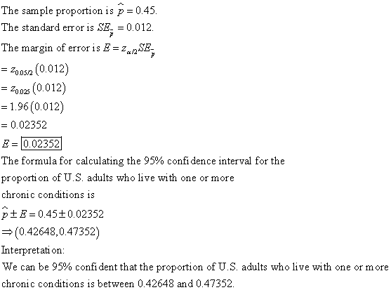 The sample proportion isp 0.45. The standard error is SE,-0.012 The margin of error isESE -2005/2 (0.012) 2002(0.012) 1.96 (0