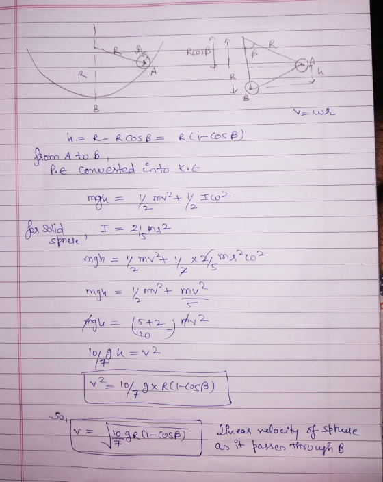 R. Rcoup B А d R JD B B v=wr from h=R-RCOSB = R(I-COSB) A to B , PoE converted into kot ngh y my my2+ y To 2 for solid I 21 m