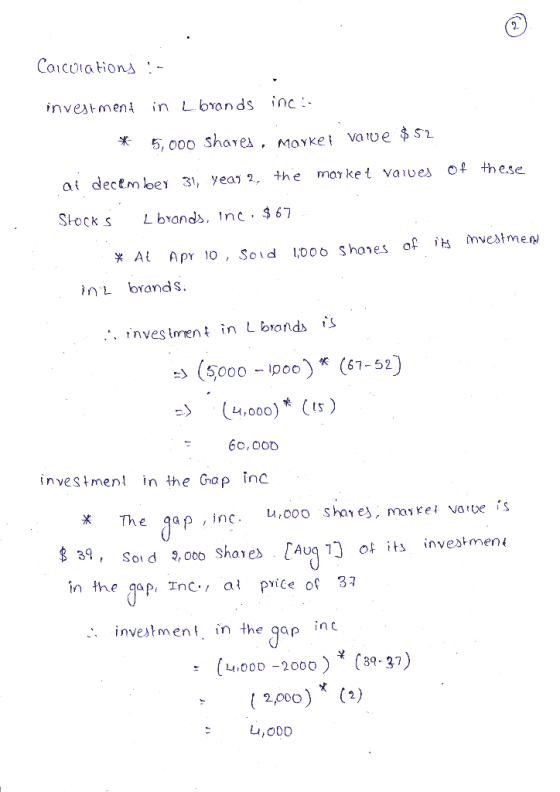 Calculations - investment in L brands incin * 5,000 shares, market value $52 of these af december 31, year 2, the market valu
