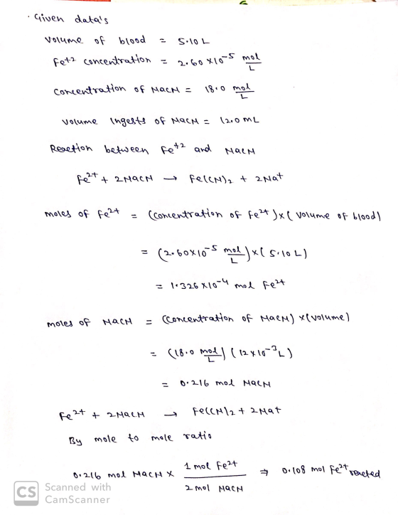 given datas volume of blood = solo feta concentration = 2.60x105 mol concentration of MacM = 18.0 mol MI volume ingests of M