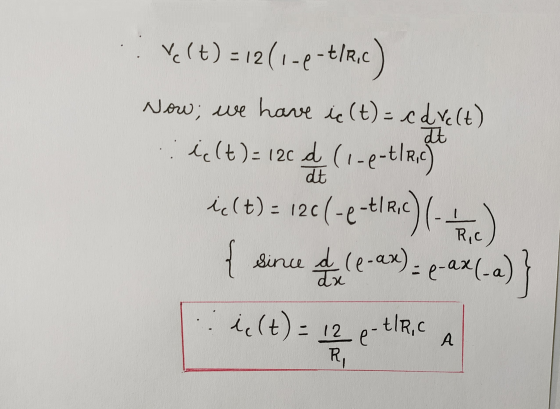 at Volt) - 12 2(1-p-t/r,c) Now, we have ic (t) = c d Velt) ie(t)= 120 d (1-e-t|R,c) delt) = 1266-e-tlac) ( since & (e-ax)= x-
