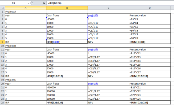 Foc EIRR(B3:B8) pv@17% Cash flows -55000 13000 16000 22000 26000 29000 =IRR(B3:38) =C3/1.17 =C4/1.17 =C5/1.17 =C6/1.17 =C7/1.