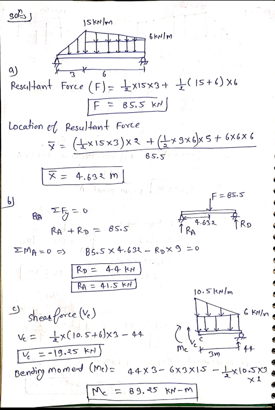S02 Iskelm 6 kN/m an q 6 Resultant Force (F) = {x15x3+ {( 15+6)x6 F = 65.5 KN Location et Resultent Force X = (5x15*3)*2 + 85