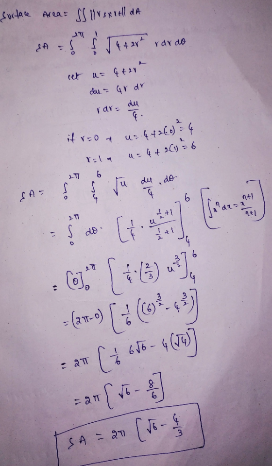 surface Area = SS llvexrell da SA S Š 54+27+ vardo cet as 9428² du= ar dr rare ar du a if reor us 4+260) rola u= 4+2 (1) = 6