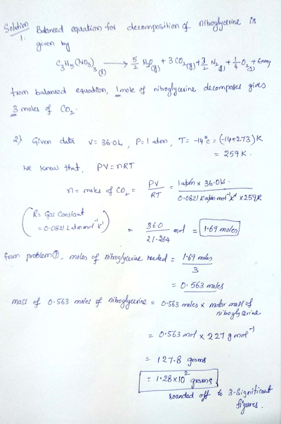 Sohhio Bned auatioo fo deempesion a aihgetine ts Fiven N2 frem balaned equatton, mole of nitroly caine detompee gives 3 moles