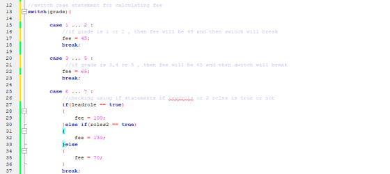 // switch case statement for calculating fee switch (grade) { 12 13 14 15 16 17 18 19 20 21 case 1 ... 2: //if grade is 1 or