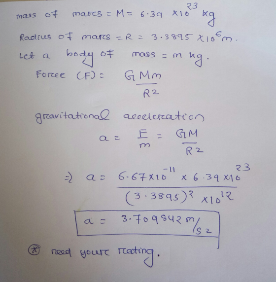23 mass of marts = M = 6:39 X10° kq Radius of mars =R = 3.3895 xiom. Let a body of mass = m kg. Forcee (F). GMm. R2 gravitati