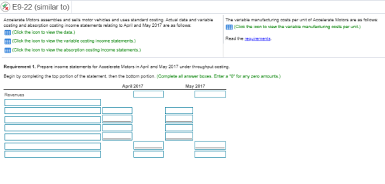 W E9-22 (similar to) Accelerate Motors assembles and sells motor vehicles and uses standard costing. Actual data and variable