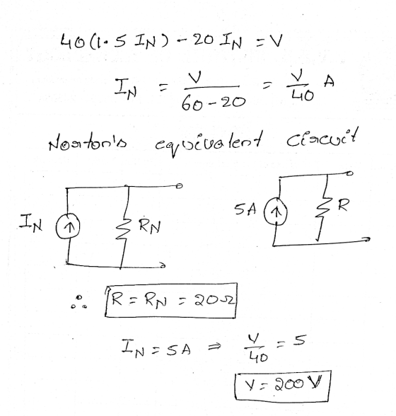 40(15 IN) - 20 IN EV In = 6-20 São Nontons equivalent Circuit _ o TR= RN = 2012 IN=SA - 4 10 = 5 V=20017